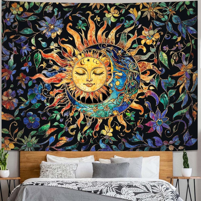 Aipon Sun and Moon Tapestry for Bedroom Boho Hippie Floral Wall Tapestry Aesthetic Vintage Stained Glass Plant Extra Large Tapestries Wall Hanging for Living Room Dorm 90 x 68 Inch - Image 4